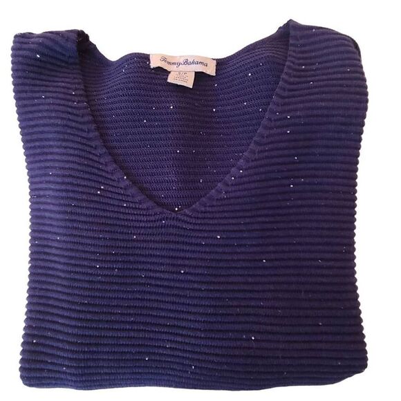 Tommy Bahama Womens Blue Sparkle Cotton Blend V Neck Sweater Small - Picture 9 of 11